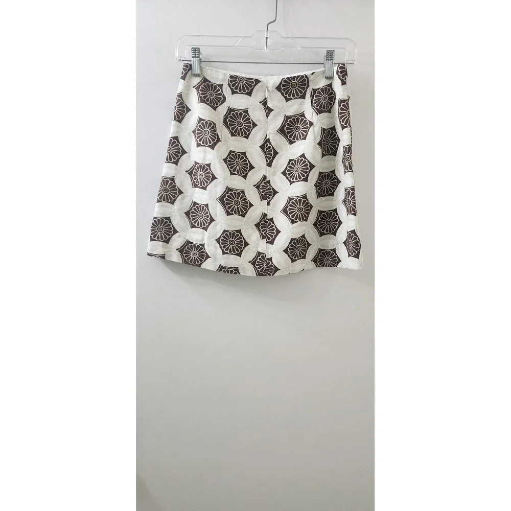 Julia Amory Brown Cream Geometric Floral Block Print Cotton Mini Skirt XS New - Picture 4 of 7